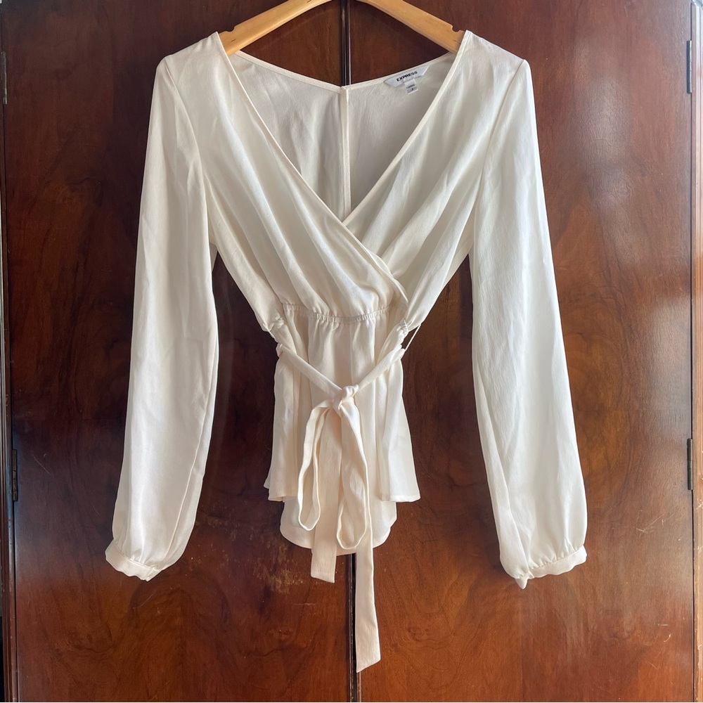 Express Long Sleeve White Blouse; Silky V Neck Cinch Waist Top With Belt; Small